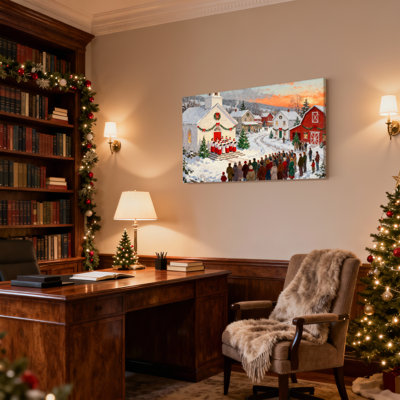 Christmas Christmas Church Carol Singers Snowy Village Set of 3 Canvas Wall Art Prints