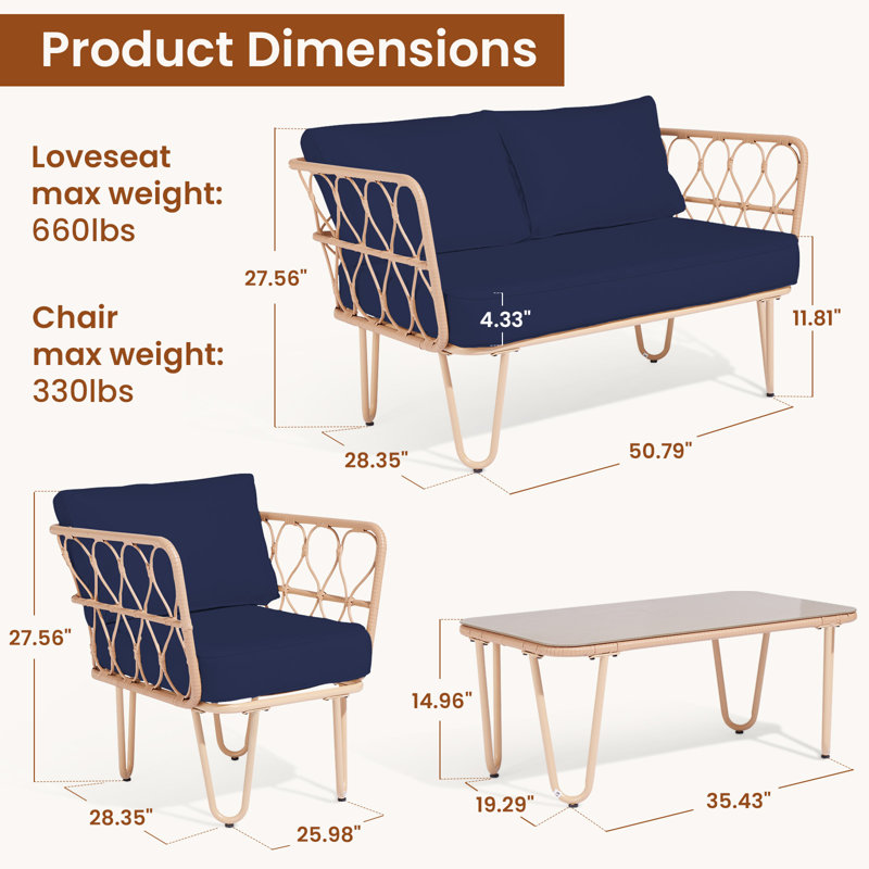 Ensemble de conversation d'extérieur pour 4 personnes avec coussins Shandy, Bleu marine