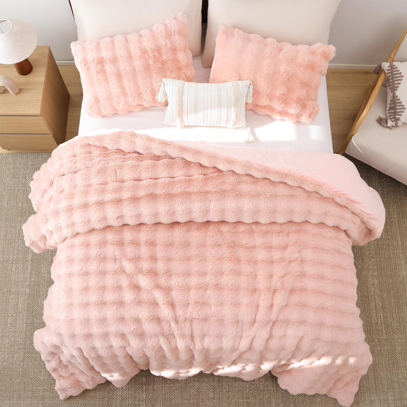 Fluffy Comforter Set 3 Pieces- Ultra Soft & Warm Faux Fur Comforter With Two Pillowcases For Winter, Blush