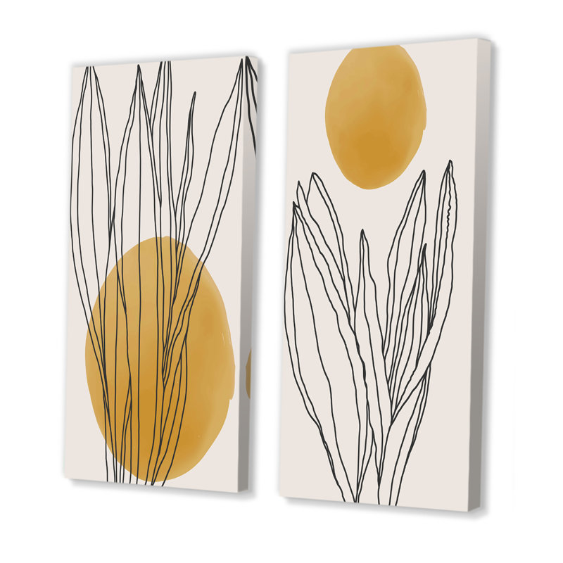 «Yellow Botanical Abstract Leaves I», ensemble de 2 peintures, H 20 po x l 24 po x P 1 po, Toile tendue