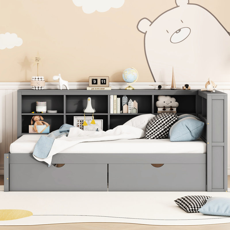 Lit de jour simple en bois gris avec tablette de rangement, 2 tiroirs et rangement