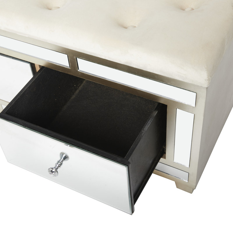 Banc en bois à 3 tiroirs avec siège rembourré avec miroir Hindsville, Crème