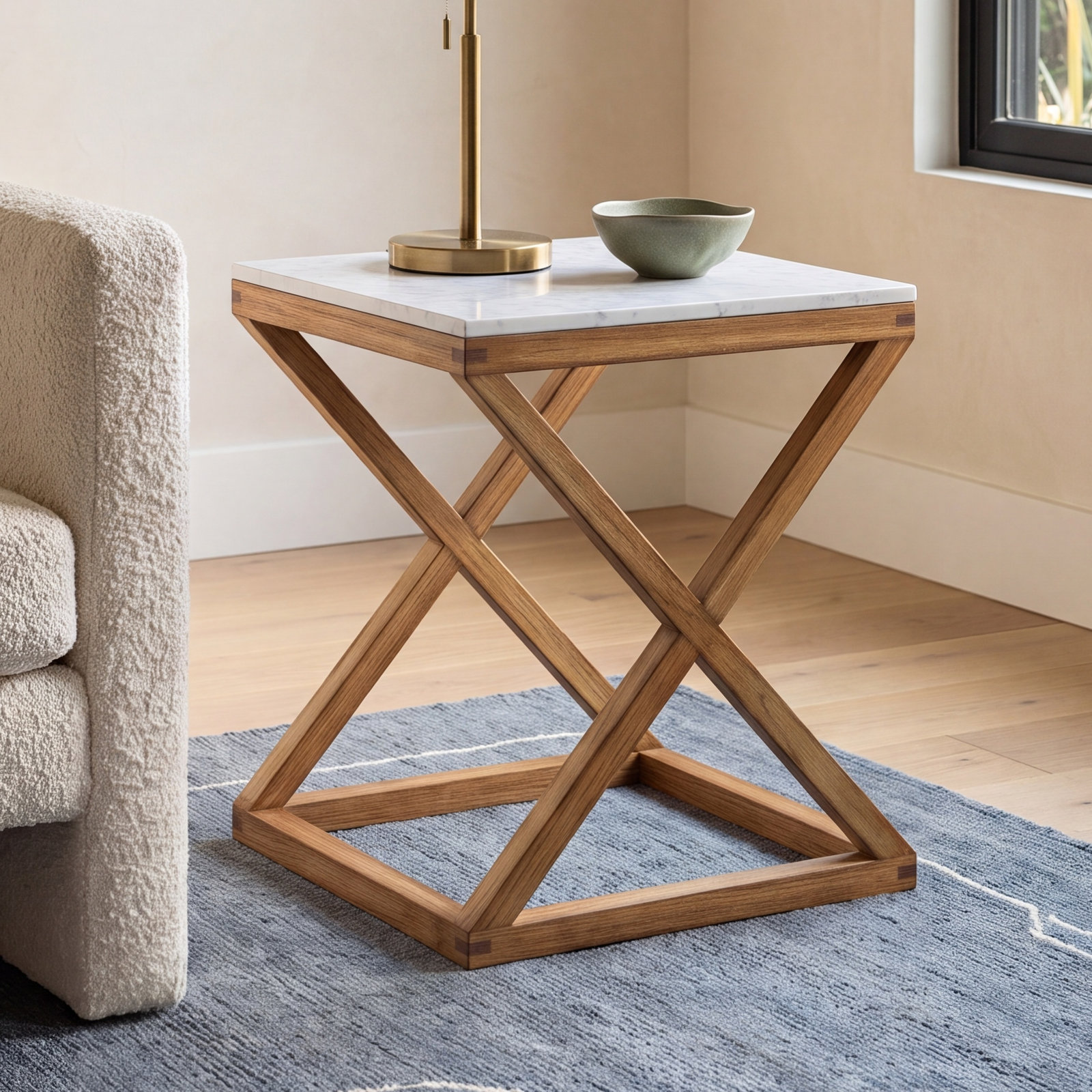 Lewis 18" Genuine Marble End Table, White/Natural