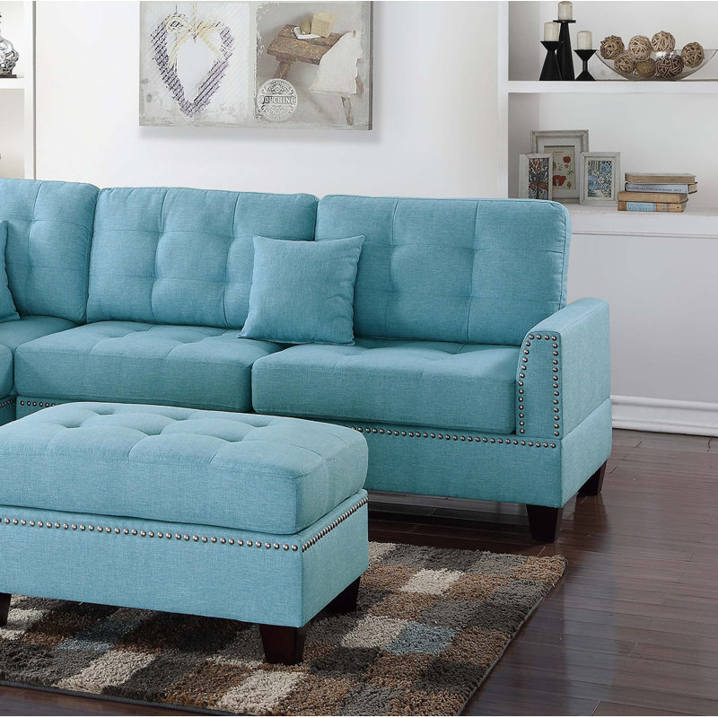 Canapé et méridienne de 104 po de large avec repose-pieds Castagne, Mélange de polyester bleu