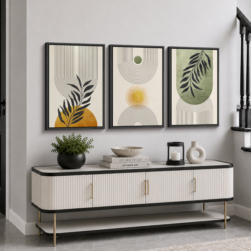 «Mid Century Modern Boho», pastel vert géométrique, feuille de palmier jungle, H 36 po x l 72 po, Noir