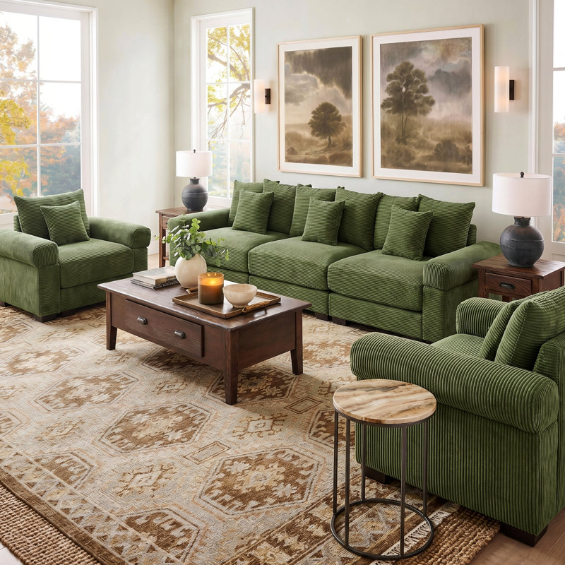 Fickes 5-Person Soft Modern Oversized Deep Seating Corduroy Upholstered Living Room Set with 3-Seater Sofa And Matching Armchairs