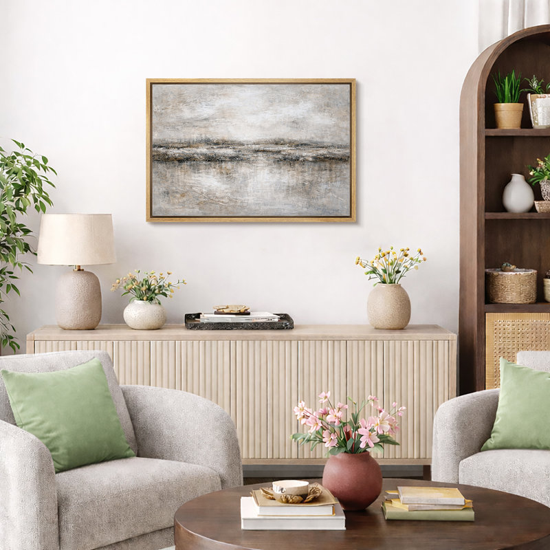 «Abstract Neutral Horizon Landscape Artwork», impression de giclée sur toile encadrée, Cadre naturel