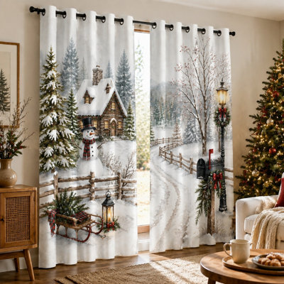 2 pièces rideaux enneigés, bonhomme de neige, chalet, bonhomme de neige, reproduction de rideaux, décoration de Noël, décoration de vacances pour la chambre à coucher