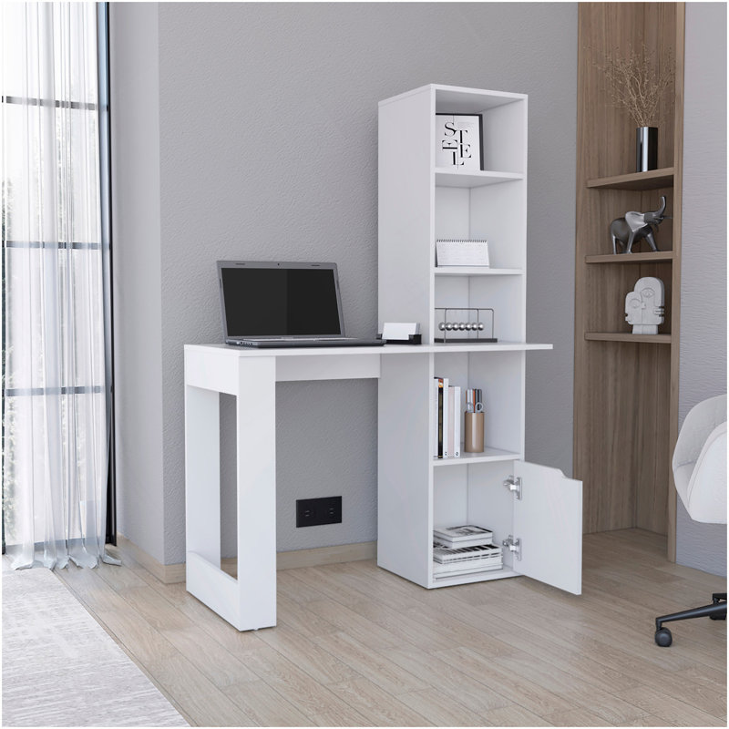 Bureau d'ordinateur Iowa avec 1 armoire et bibliothèque à 4 niveaux, Blanc