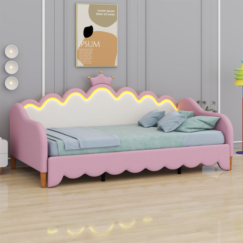 Extending Daybed With LED Lights, Modern Upholstered Daybed With Crown Headboard, Pink