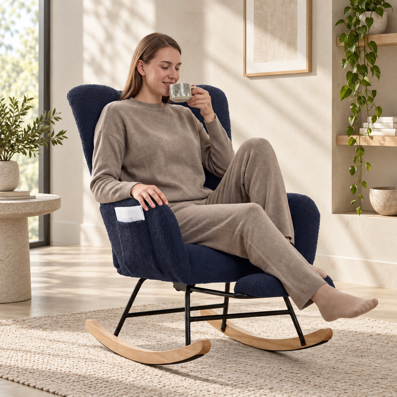 Ensemble chaise berçante et repose-pieds en tissu Teddy bleu foncé, fauteuil d'allaitement à oreilles avec poche de rangement