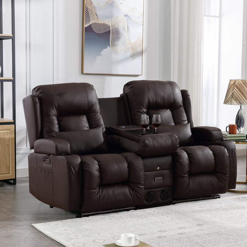 Faux Leather Power Reclining Home Theater Seating with Cup Holder, Brown Faux Leather