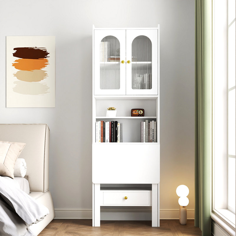 Fold-Out Convertible Writing Table, Desk Cabinet With Shelf And Drawer Multi-Function Home Office Workstation, White