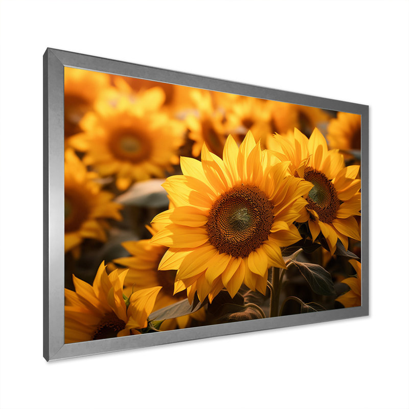Yellow Sunflowers Field - Floral Wall Decor, H 24 po x l 32 po x P 1 po, Cadre photo argenté