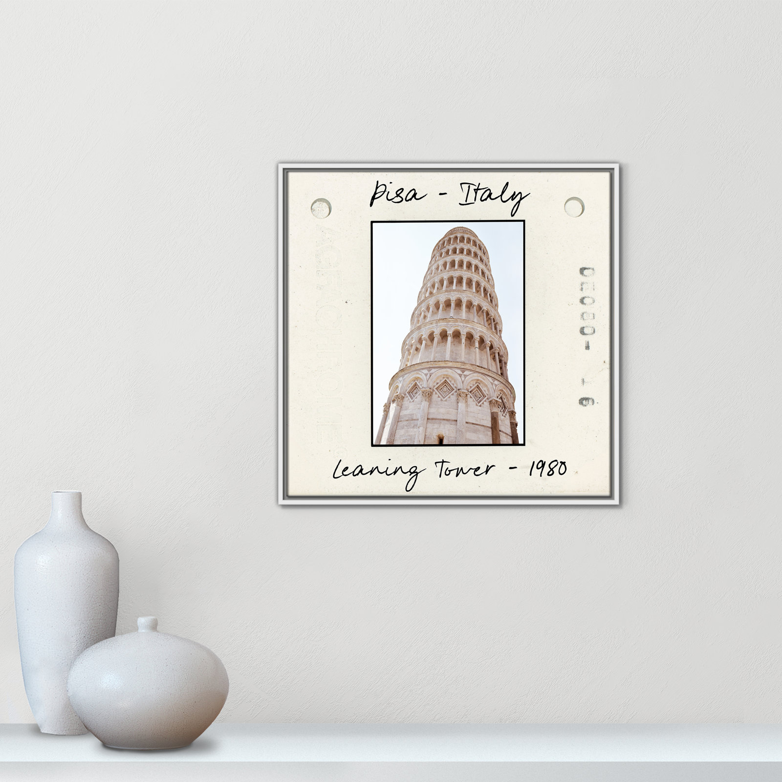 Travel Slide Collection "Pisa, Italy - Leaning Tower" Print, 25.5" H x 25.5" W x 2" D, White Floater Framed Canvas