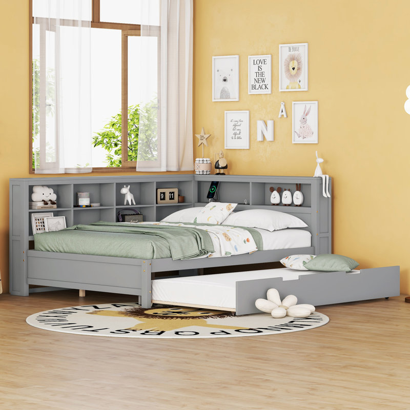 Wooden Full Size Daybed With Twin Size Trundle, Daybed With Storage Shelf And USB Charging Ports,Grey, Gray