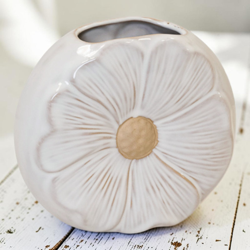 Natural Ceramic Vase with Embossed Flower Design