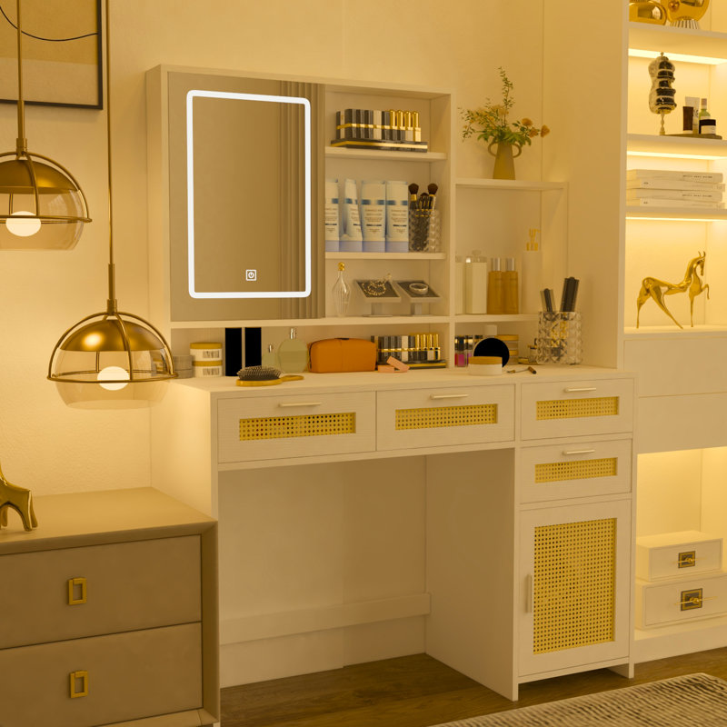 3 Color Lighted Makeup Vanity With Openable Mirror, 4 Drawers & 1 Cabinet Shelves For Bedroom, White Dresser Storage, Drawers, Cabinet, Bedroom Use