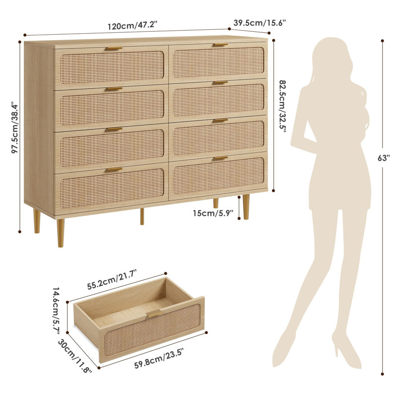8 Drawer Rattan Dresser, Wooden Chest with Deep Drawers & Wide Top for Bedroom Living Room Hallway, Natural