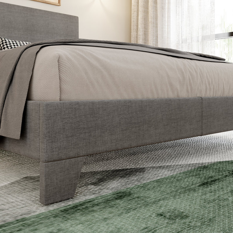 Base de lit simple tapissier rectangulaire avec tête de lit Avel, Grand, Lin gris foncé