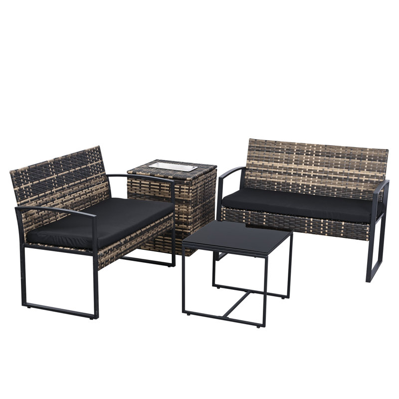 4 Piece Outdoor PE Wicker Furniture Set, Patio Rattan Sectional Sofa Couch with Washable Cushions, Black