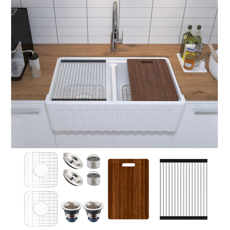 Ivy Bronx Abbi-Leigh 510mm W Double Bowl Ceramic Farmhouse / Apron Kitchen Sink