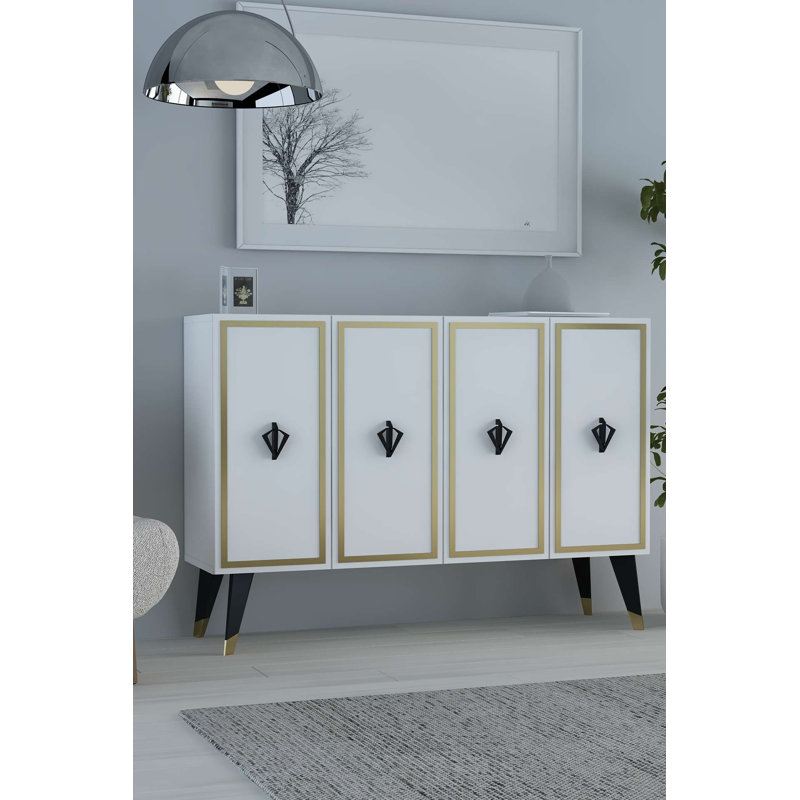 Console moderne avec option de fixation murale, panneau de particules enduit 100% mélamine, 47,2 po x 31,5 po x 11,6 po | Finition élégante en blanc et or | Nombreuses tablettes, conception robuste pour le salon et le vestibule
