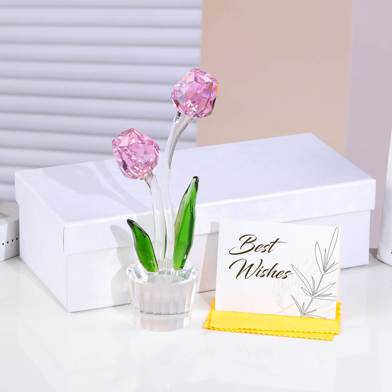 Figurine décorative tulipe en cristal avec fleurs à facettes, feuilles vertes et base transparente, Rose