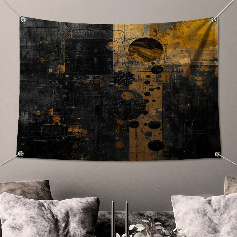 Tapisserie murale art abstrait noir et or - Décoration murale abstraite, H 50 po x l 60 po avec 4 œillets