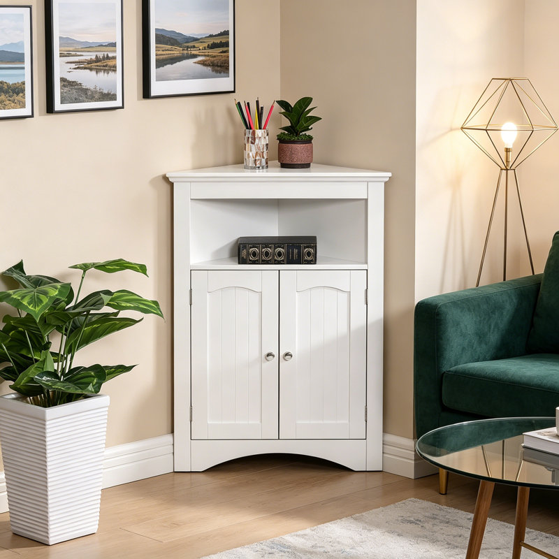 Buffet Dencie, armoire d'angle, armoire de coin de plancher de salle de bain avec portes et tablettes