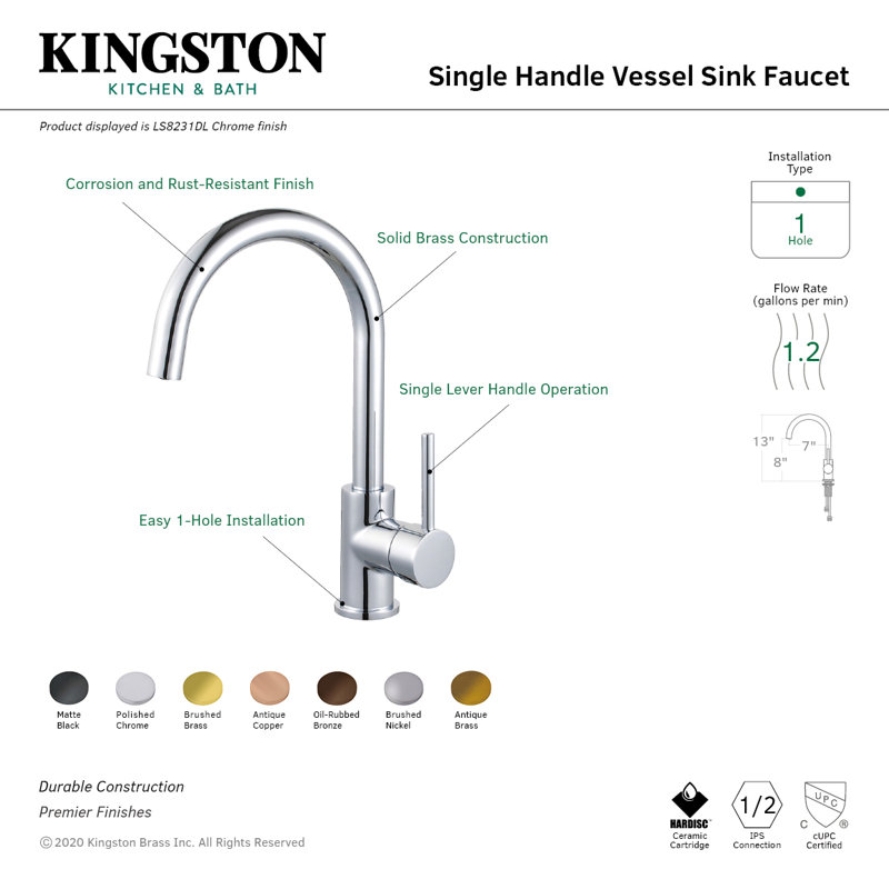 Kingston Brass Concord Single-Handle 1-Hole Deck Mount Vessel Faucet, Polished Chrome