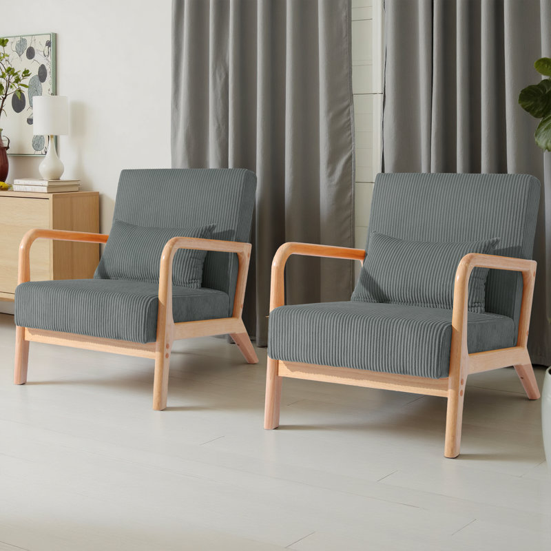 Jyrin Mid Century Upholstered Gray Corduroy Solid Wood Accent Chair with an Extra Pillow, Gray Corduroy, Natural Wood