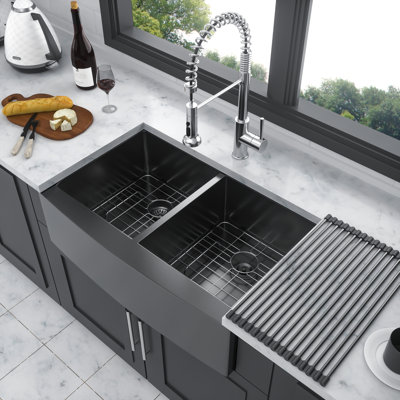 Gunmetal Black Double Bowl Kitchen Sink 33"X21"X10" - 16G Stainless Steel Style With Working  50/50  For Function