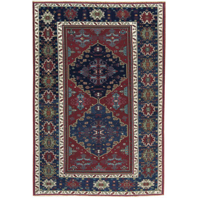 Tapis bleu marine et rouille de haute qualité noué à la main