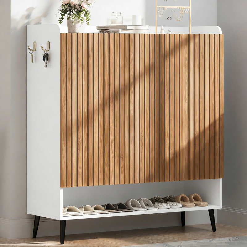 Large 3 Door Shoe Cabinet - 6 Tier Wooden Shoe Organizer for Entryway & Hallway with Adjustable Shelves, Hooks & Storage for 30+ Pairs