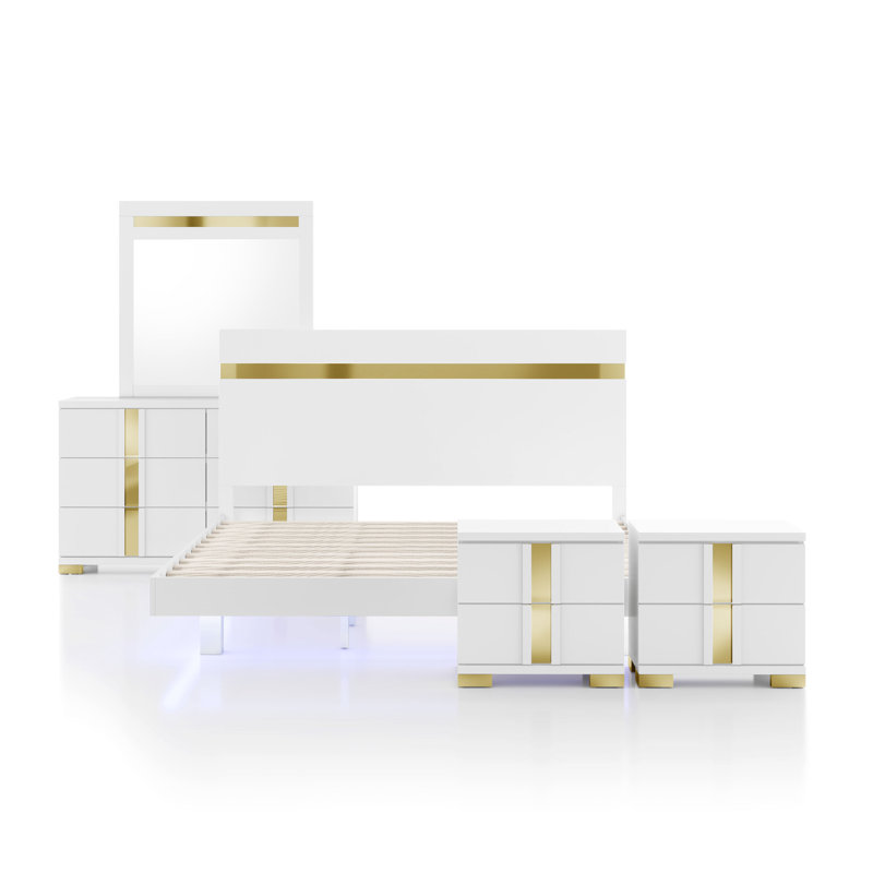 Ensemble de chambre avec lit plateforme 5 pièces Clemson, Blanc, Grand, Cinq pièces : Lit, 2 tables de chevet, commode, m