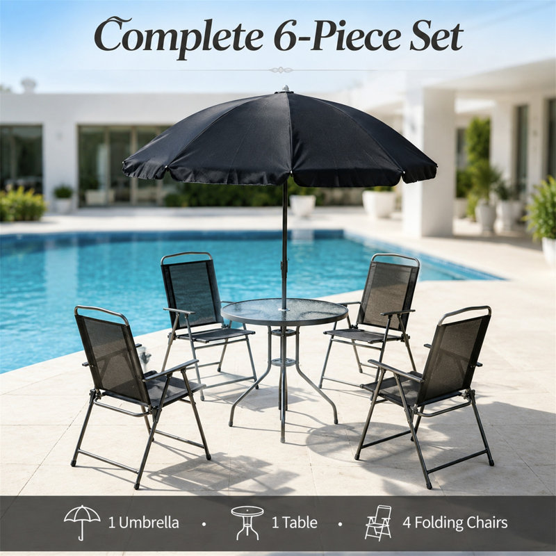 Ensemble de conversation de patio 6 pièces avec 4 chaises pliantes, table en verre trempé et parasol 67 po