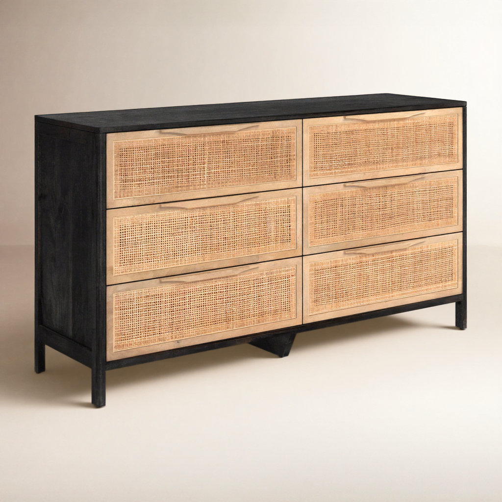 Nellie 6 Drawer Cane Dresser, Beige/Black