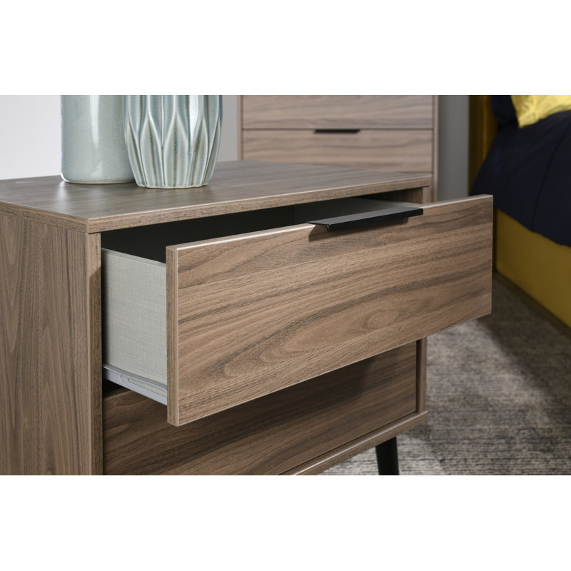 Fully Assembled Euart 2 Drawer Bedside Table, Black/Carini Walnut