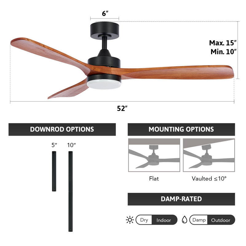 52" Black and Walnut Wood Ceiling Fan with LED Light and Remote
