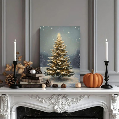1 pièce encadrée peinture de Bernhardina d'arbre de Noël, lumières de la nuit de neige, style réaliste de rêve. Affiche murale décorative vintage imprimée pour la décoration intérieure, œuvre d'art moderne, cadeau parfait pour la chambre à coucher et le salon.