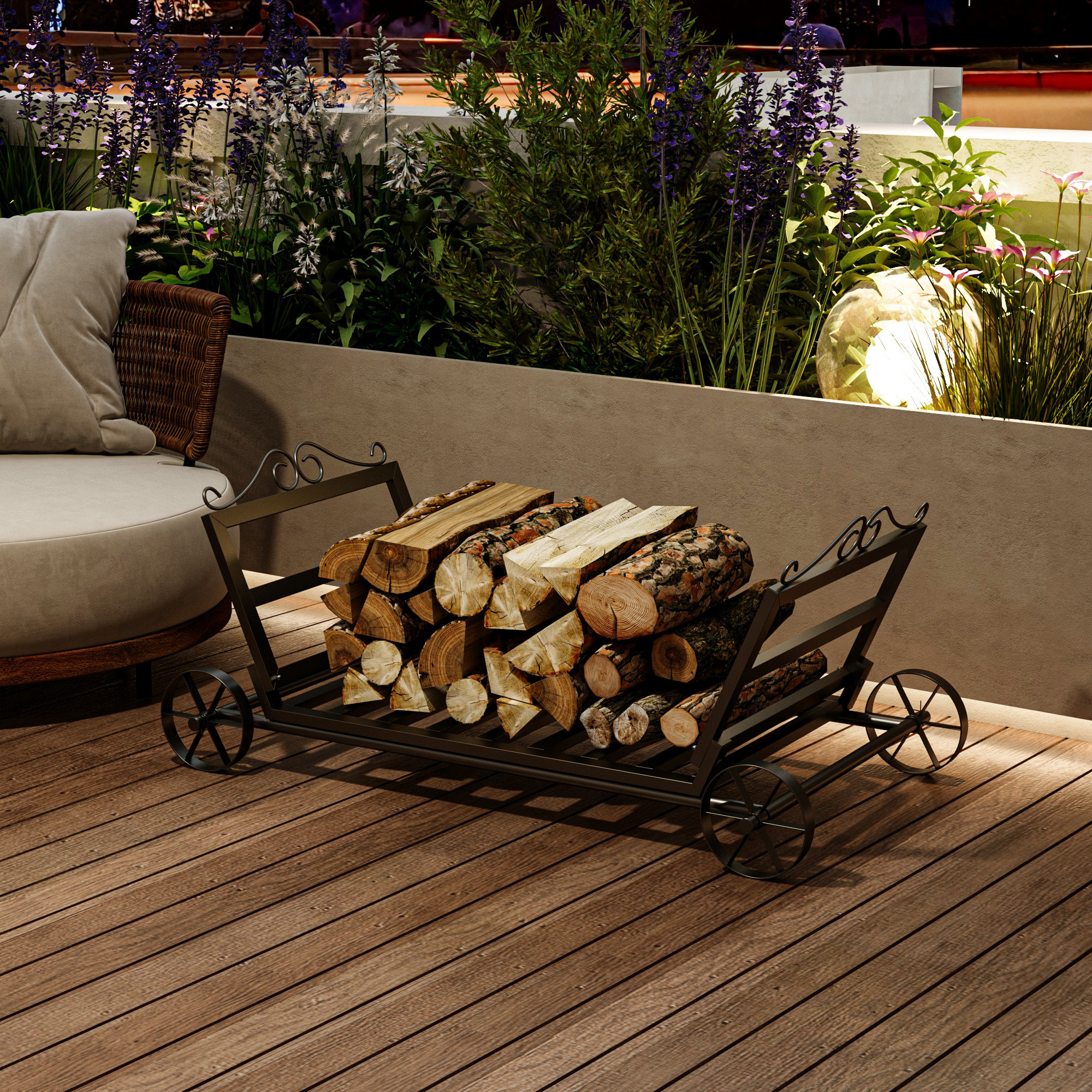 Astoria Grand Black Iron Firewood Log Rack With Decorative Wheels For