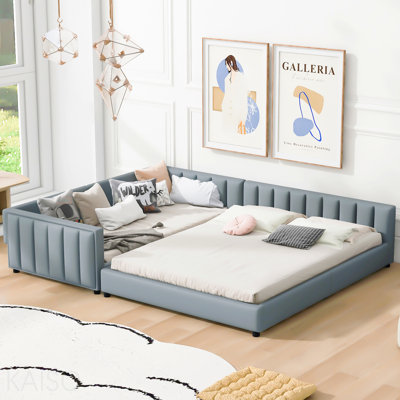 Queen Size & Twin Xl Size Upholstered Platform Bed, Mother & Child Bed, Pu Leather, Gray