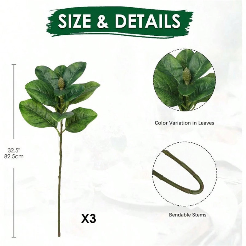 32,5 pouces 3 pièces branches de magnolia artificielles - Tiges de verdure artificielles pour la maison, le bureau et la table