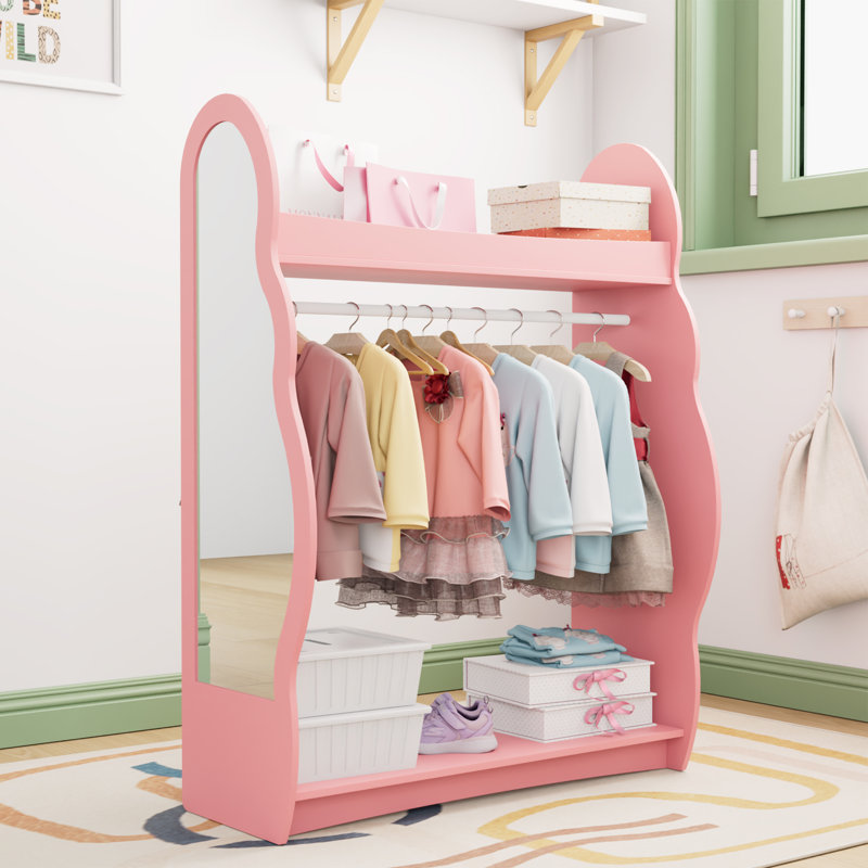 Cloud-Shaped Kids Dress-Up Wardrobe with Mirror, Open Hanging Rail & Storage Shelves, Pink