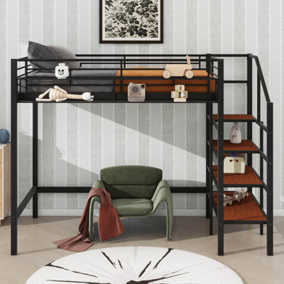 Twin-Sized Metal Loft Bed, Equipped With Upper Grid Storage Shelf And Ladder With Side Storage