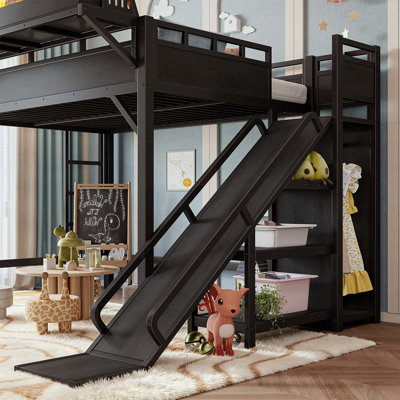 Lit mezzanine double avec glissade, tablettes de rangement et garde-robe intégrée, structure en métal avec ports USB et lumières DEL, sécuritaire et solide, naturel
