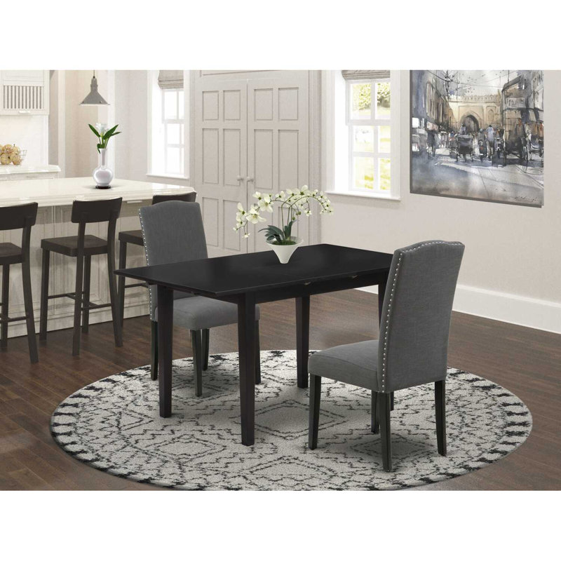 Rectangular Solid Wood Top With Butterfly Leaf Dining Table Set, Dark Gray/Black, Black, 3 Pieces: 1 Table, 2 Chairs