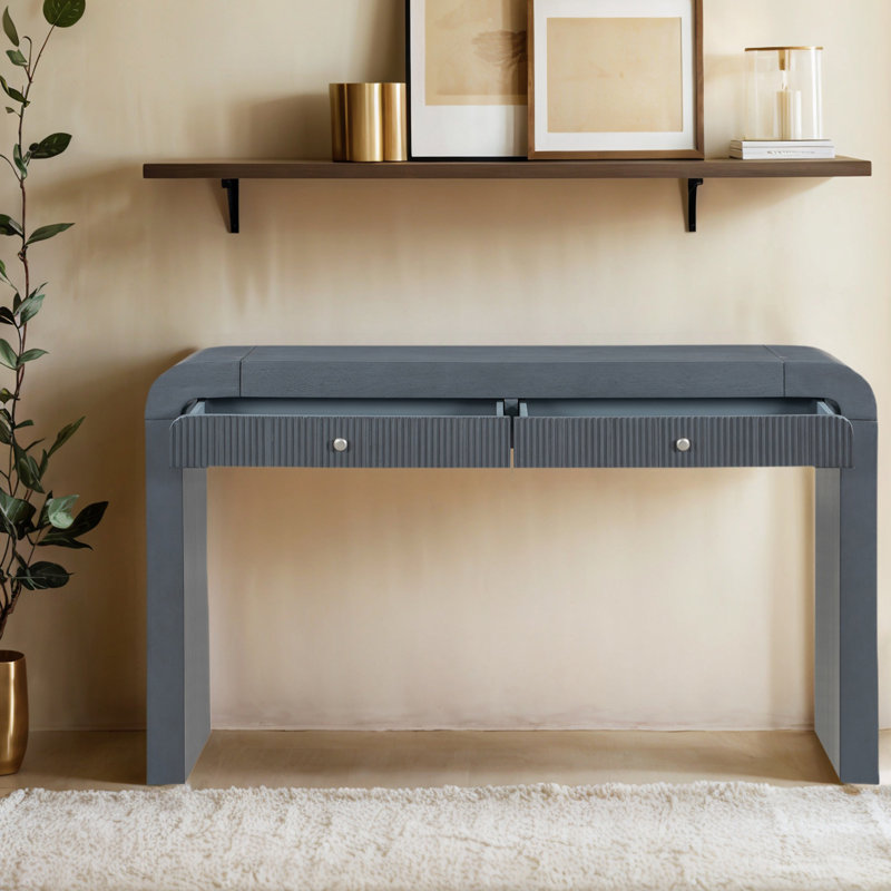 Rustic Entryway Console Table With Fluted Drawer Front – Sturdy Wood Sofa Table With Curved Corners & Chunky Legs, Navy