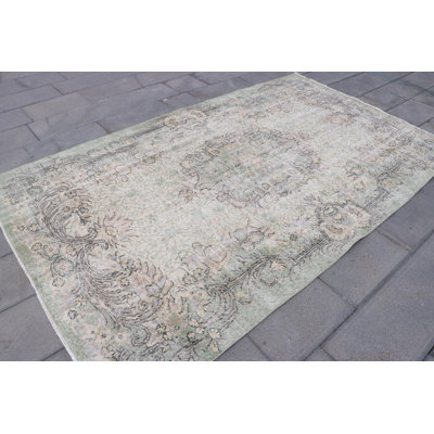 Tapis rétro Oushak - grand tapis de luxe en laine vert pour le décor de la salle à manger